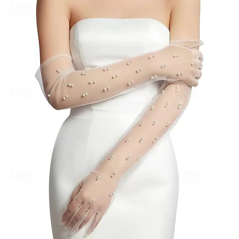 Netz / Terylen Knielänge Handschuh Elegant / Vintage-Stil Mit Kunstperle / Unifarbe Hochzeit / Party-Handschuh 2026 - $17.49 –P4