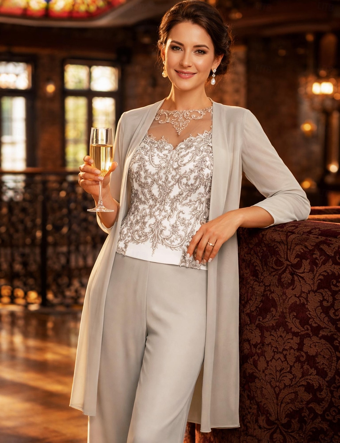 Pantaloni Costum de 3 bucăți Lungime Podea Rochie Mama Miresei Manșon Lung Iluzii Elegant Invitat la nunta Seară Formală Șifon Dantelă cu Ruching Culoare solida 2026 - $183.99 –P2
