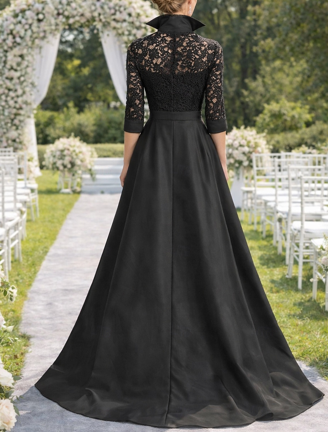 Pantaloni Lungime Podea Rochie Mama Miresei Lungime Manșon 3/4 Guler Cămașă Epocă Petrecere Oficial Invitat la nunta Seară Formală Satin Dantelă cu Ruching 2026 - $206.99 –P3