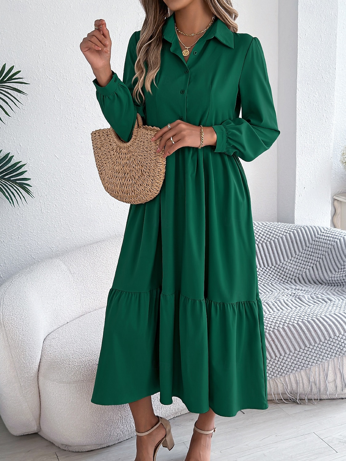 Women's Midi Dress A Line Dress Casual Daily Regular Fit Plain Long Sleeve Lapel Blue Navy Wine Green Spring 2026 - $36.99 –P15