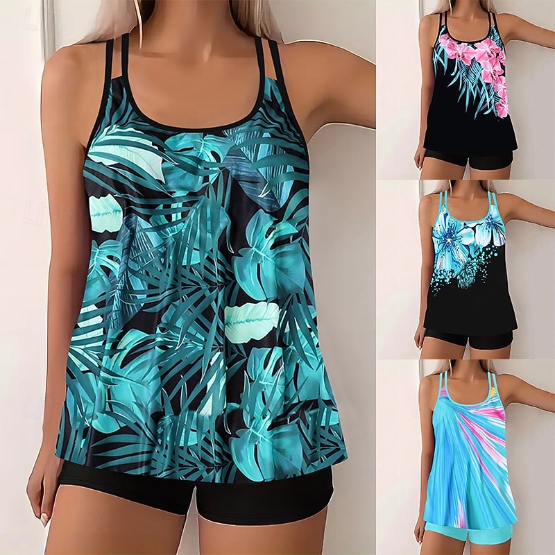 Maillot de bain tankini 2 pièces femme palmiers short contrôle du ventre taille haute slim dos nu vacances plage dégradé géométrique col en U sans manches de 2026 ? $33.99 –P1
