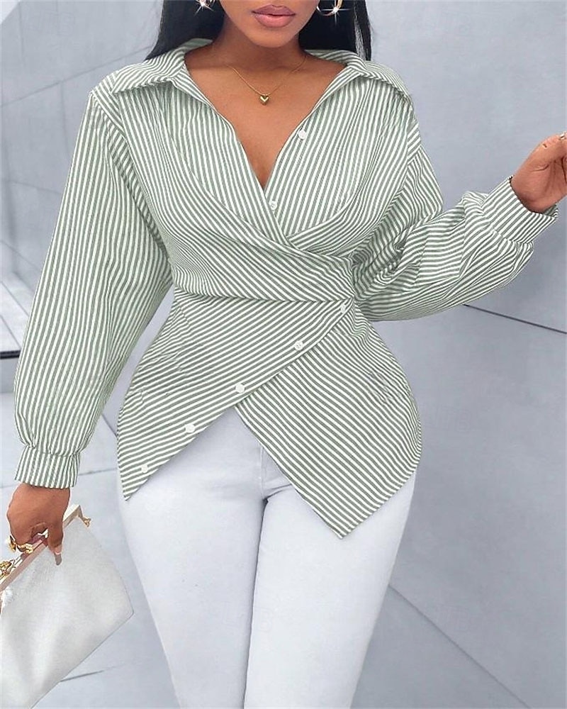 Damen Bluse Elegante Oberteile Gerafft Knöpfe Druck Einfach Gestreift Elegant Vintage Täglich Langarm Hemdkragen Normale Oberteile Täglich Arbeit Ferien Schwarz Rosa Himmelblau Grün Sommer Frühling 2026 - $31.99 –P5