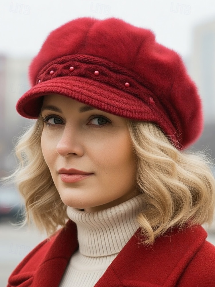 Dámská polyesterová čepice z umělé kožešiny, zdobená perlami, dostupná v několika barvách, ideální pro zimní outfity 2026 - $11.99 –P1