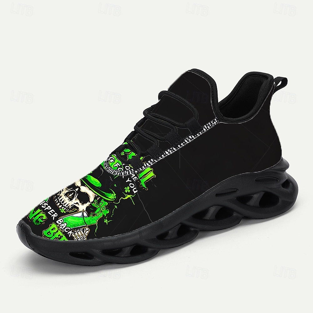 Sneakers da uomo con stampa teschio: design unico verde e nero con struttura resistente, perfette per il giorno di San Patrizio e per l'abbigliamento casual del 2026 a $46.99 –P5