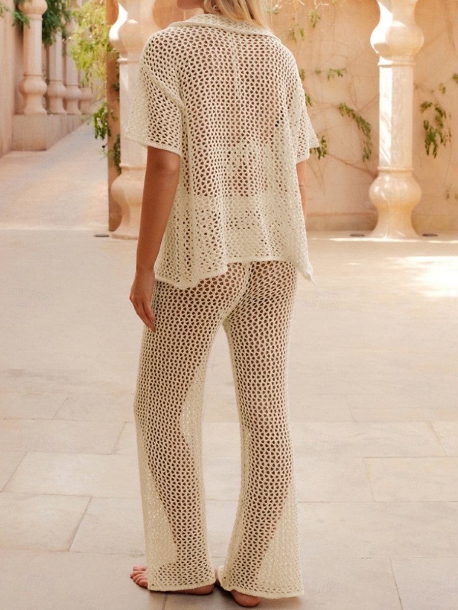 نسائي ملابس السباحة تغطية الجسم 2 قطعة ملابس السباحة مقصوص محبوك العطلة ملابس الشاطئ لون الصلبة رقبة دائرية كم قصير بدلة سباحة 2026 - $41.99 –P11