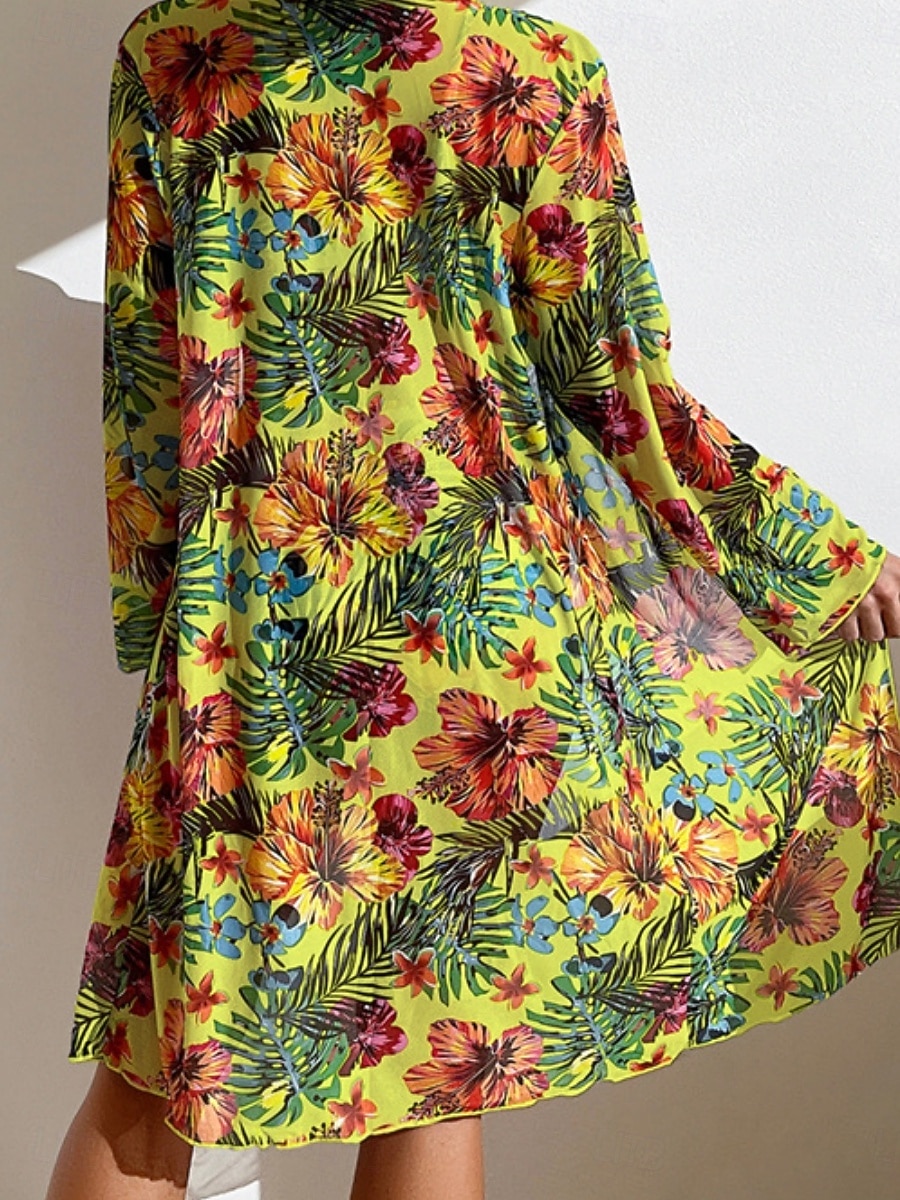 Naisten bikinit 3-osainen uimapuku palm alushousut slim selkä avoin lomaranta-asu kukkakuviolla lehtikuvio pyöreä kaula-aukkoinen hihaton uimapuku 2026 - $33.99 –P9