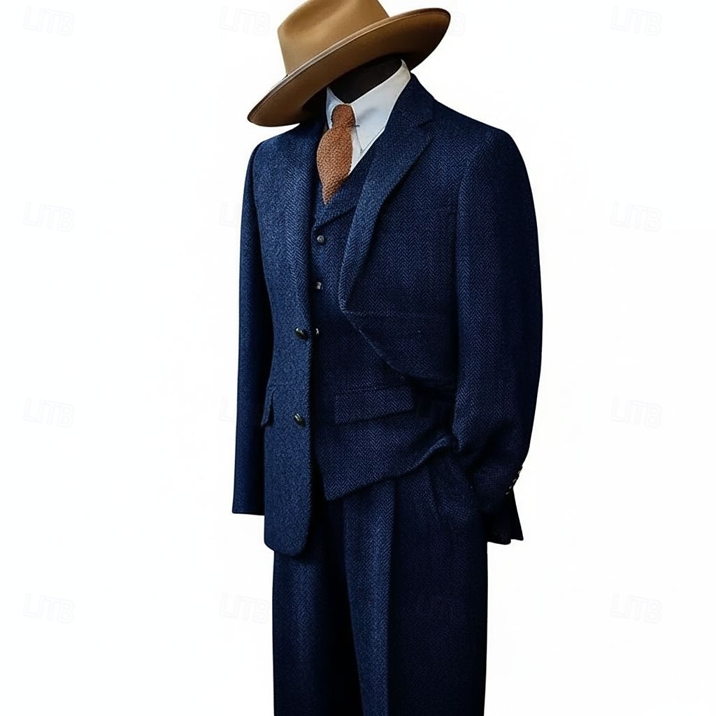 De los hombres Trajes de tweed Negocio Boda Azul Piscina Caqui Claro Otoño invierno Traje Solapa de Pico Negocios Retro Antiguo Espiga A Medida Juego de 3 piezas Recto 2 botones 2026 - $139.99 –P3