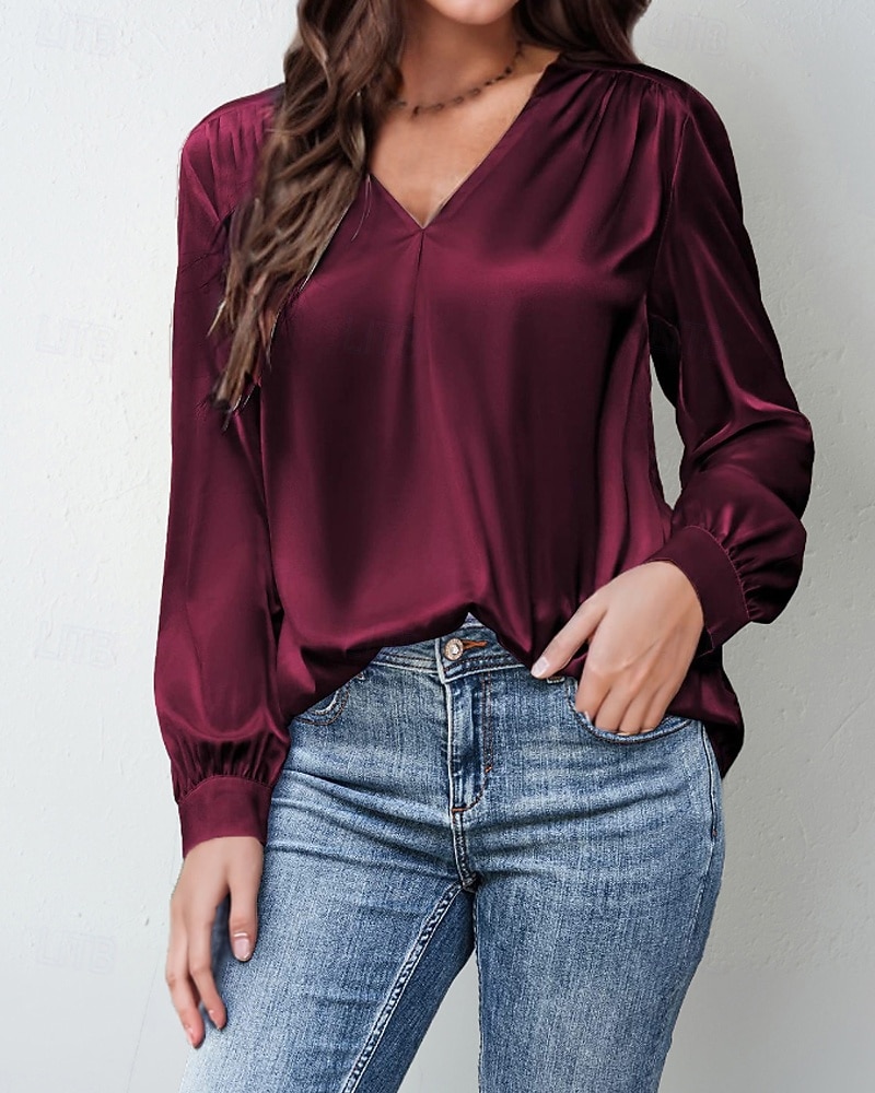 Women's Shirt Elegant Satin Top Blouse Ruched Plain Vintage Stylish Long Sleeve V Neck Regular Tops Holiday Going out Black White Wine Apricot Summer Spring 2026 - E£1572.44 –P2