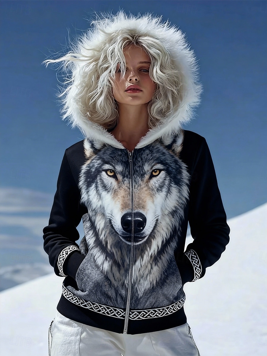 Γυναικεία Φούτερ με φερμουάρ Pullover Τσέπη Στάμπα Γραφική Ζώο Βίντατζ Καθημερινό Μακρυμάνικο Με Κουκούλα γούνινος γιακάς Κανονικά μπλουζάκια Causal Καθημερινή Ένδυση Μαύρο Άνοιξη Φθινόπωρο Χειμώνας 2026 - $45.99 –P1