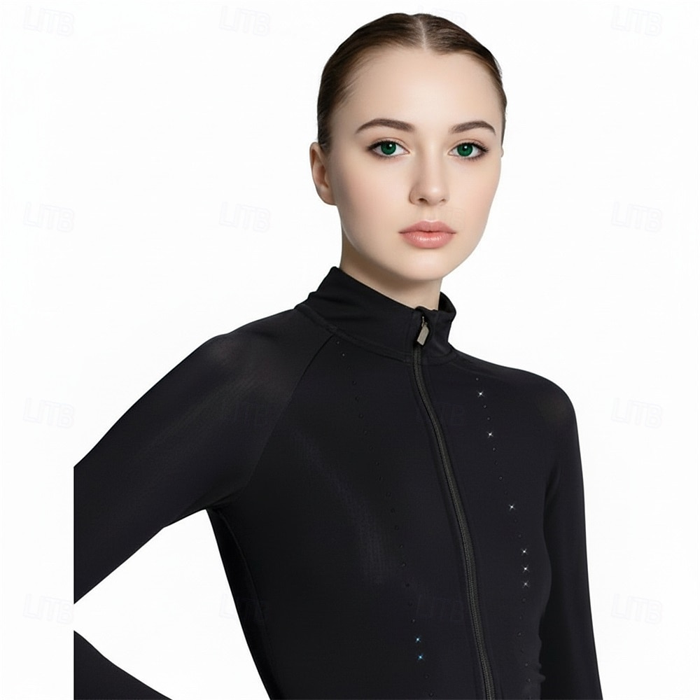 Figure Skating Fleece Jacket Women's Ice Skating Jacket Top Black Patchwork Spandex Stretchy Training Competition Skating Wear Thermal Warm Classic Long Sleeve Ice Skating Figure Skating 2026 - $105.99 –P2