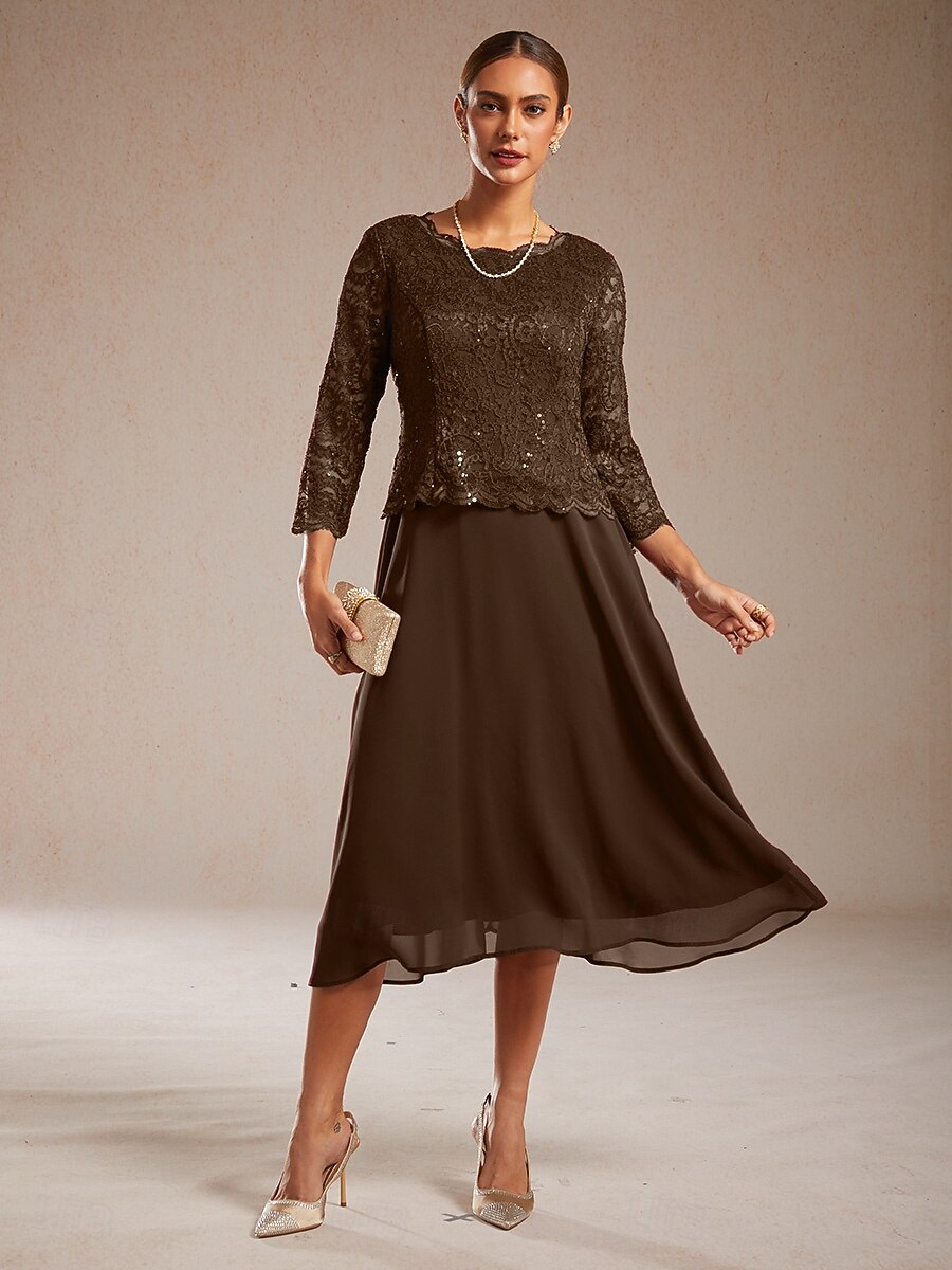 Per donna Abito Midi Vestito in Chiffon Abito a trapezio Elegante Ospite di nozze Cocktail party Allacciato Paillettes Vestibilità regolare Tinta unica Manica 3/4 Girocollo Caffè del 2026 a $103.99 –P5