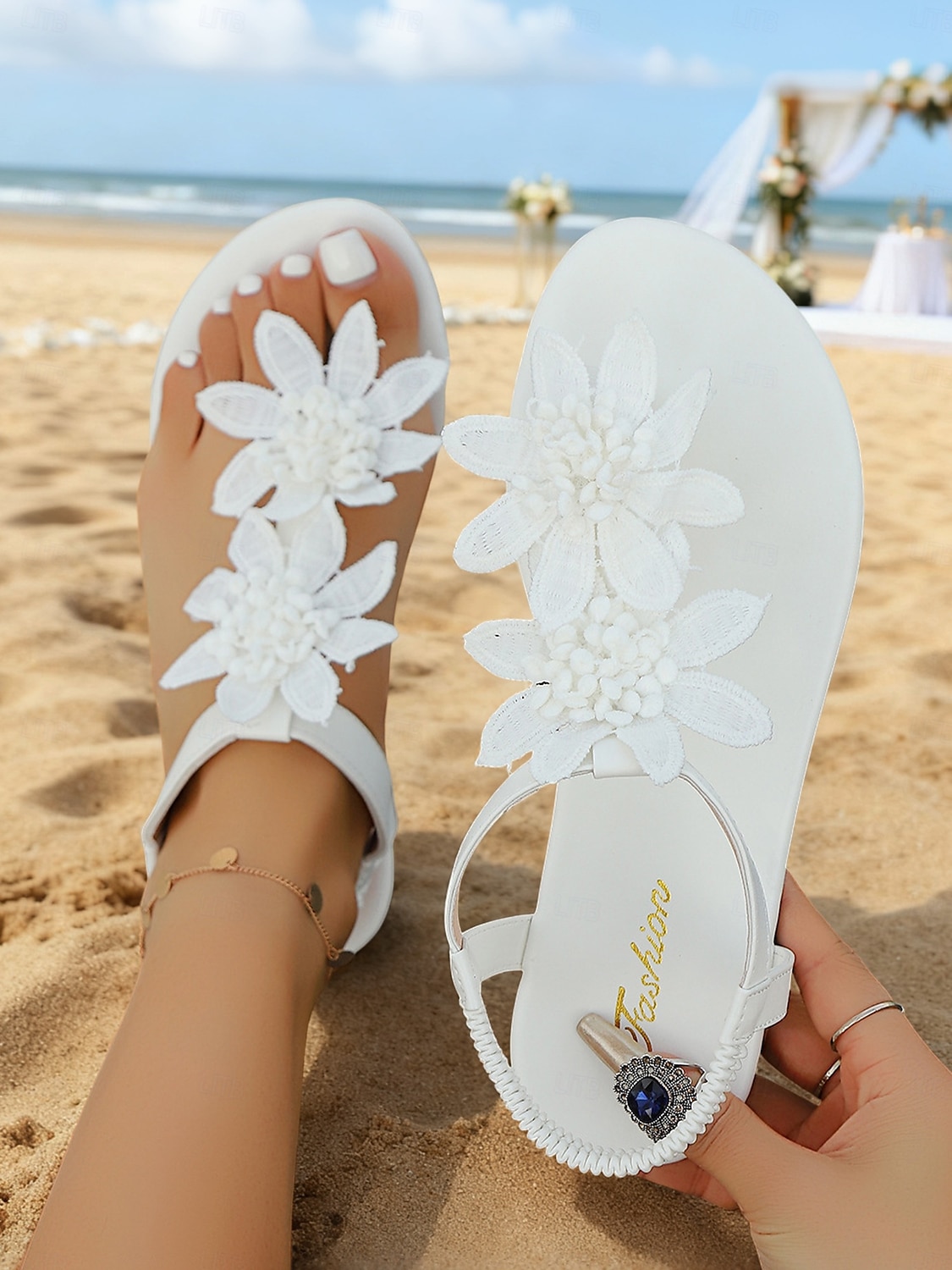 białe sandały damskie z kwiatowym wzorem i koralikami - eleganckie płaskie buty ślubne na plażowe ceremonie, suknie ślubne &obuwie dla druhen na lato na imprezy plenerowe nad morzem 2026 - $19.99 –P4