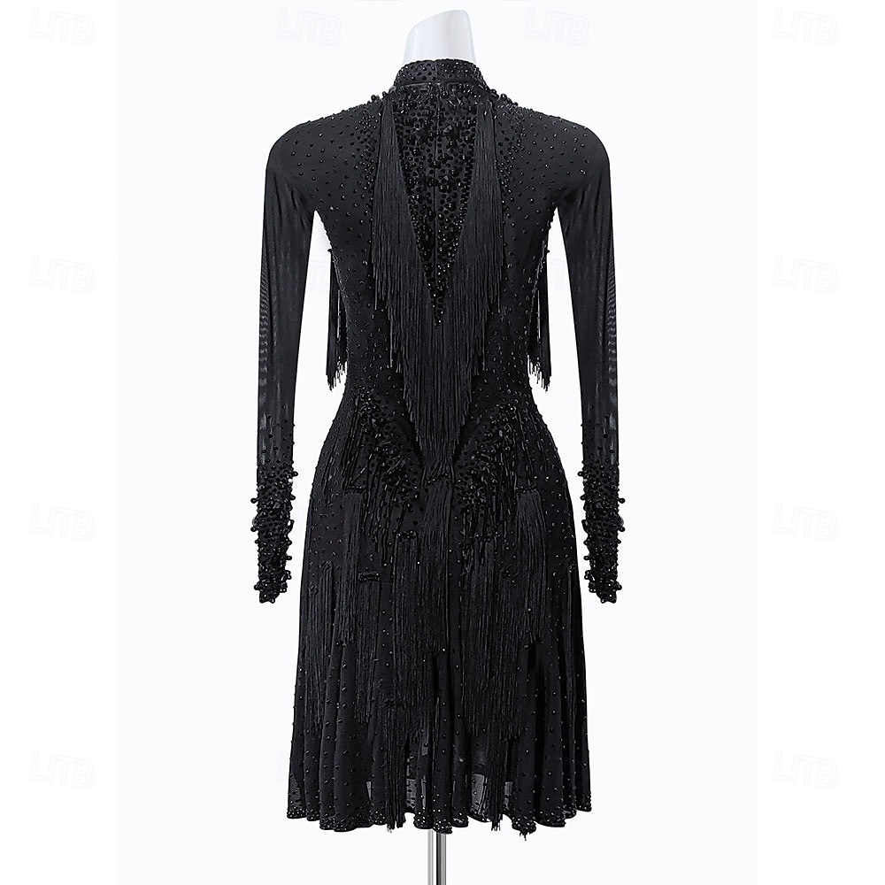 Γυναικείο μαύρο φόρεμα λάτιν χορού με χάντρες και κρόσσια - ασύμμετρη στολή χορού με μακριά μανίκια και λαιμόκοψη choker 2026 - $255.89 –P3