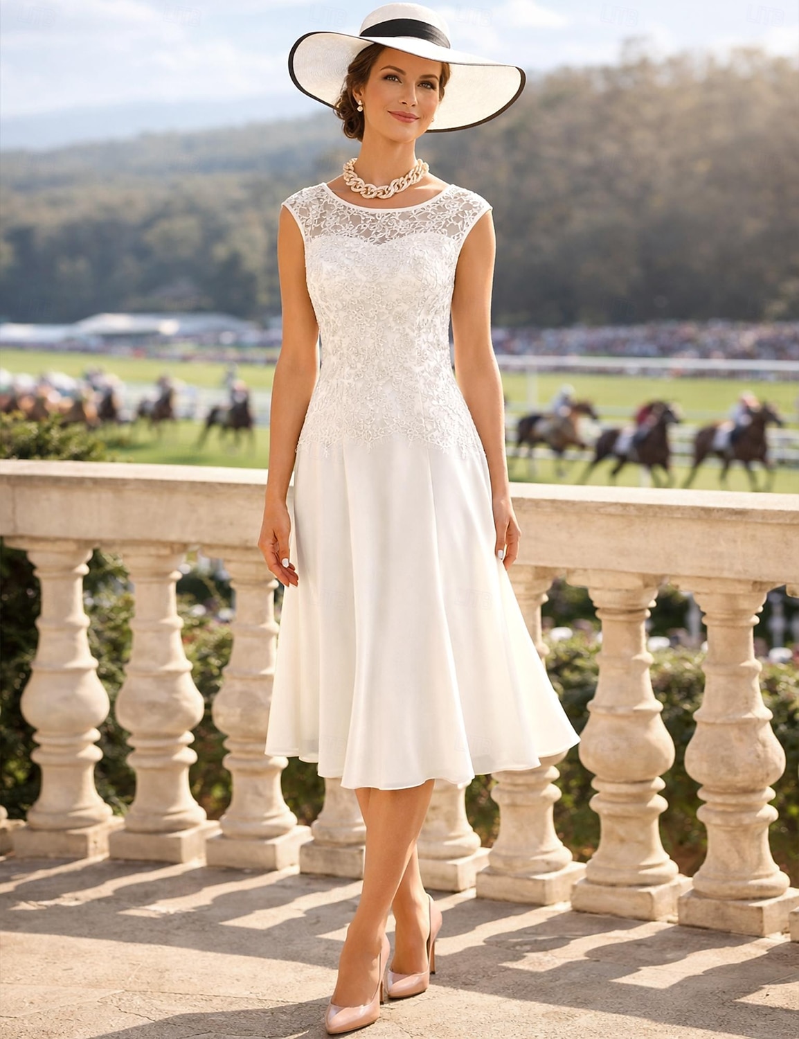 Two Piece Sheath Column Knee Length Wedding Guest Dress Mother of the Bride  Dress 3/4 Length Sleeve Jewel Neck Elegant Wedding Guest Church Chiffon  Satin Lace Short Jacket Dresses with Appliques 2026 - $179.99