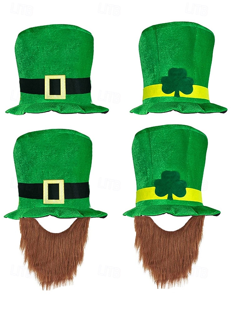 2026年 男性用の聖パトリックの日のレプラコーン帽子と偽のひげのセット、取り外し可能な偽のひげが付いた緑のアイルランドの衣装のトップハット、柔らかいポリエステル素材、パレード、パーティー、フェスティバルの衣装に使えるマルチカラーオプション  コレクション – $19.99 –P4