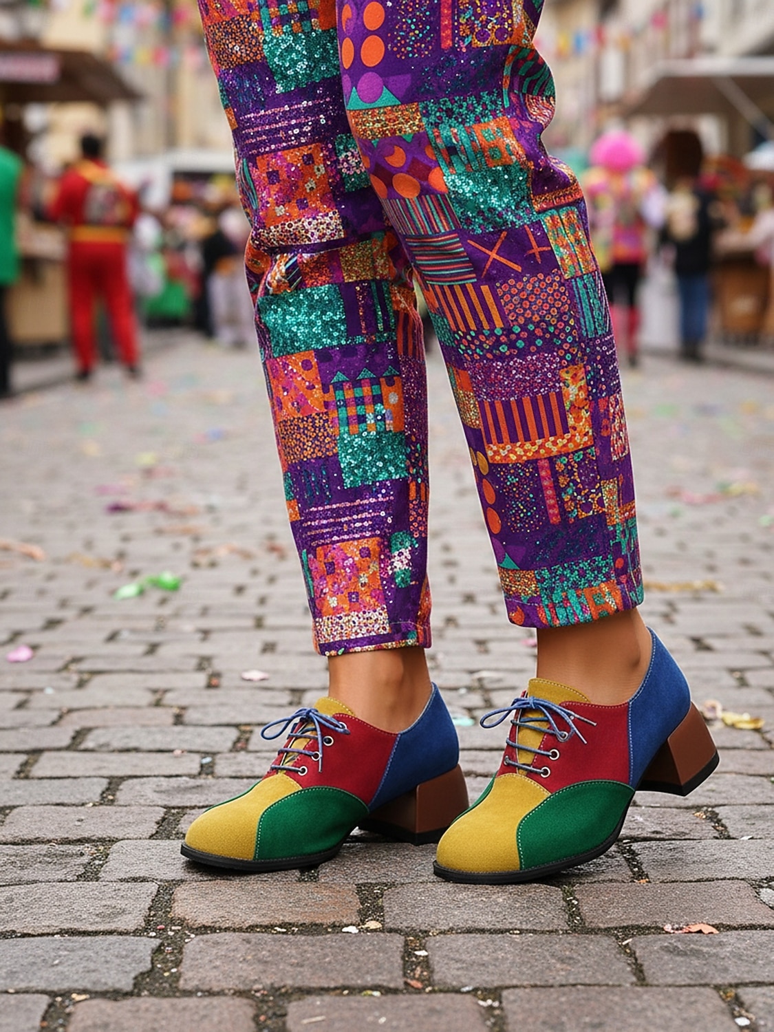 Flerfargede oxfordsko med blokkhæl til dame – retro pumps med snøring i fargeblokker for karnevalskostymer, klovner og funky hverdagsklær 2026 - $34.99 –P2