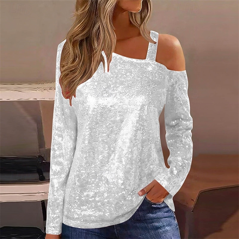 Damen Bluse Elegante Oberteile Pailletten-Oberteile Gerafft Pailletten Patchwork Einfarbig Einfach Elegant Vintage Stilvoll Langarm Asymmetrisch Normale Oberteile Täglich Arbeit Ausgehen Blau Schwarz 2026 - $12.99 –P11