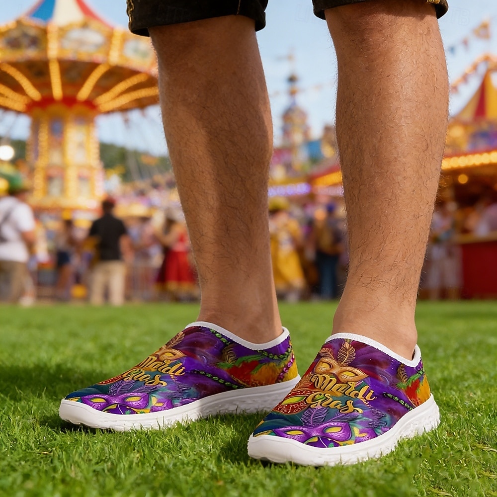 Scarpe casual slip-on con stampa di maschera per Mardi Gras da uomo - calzature festive leggere e traspiranti per sfilate di carnevale celebrazioni di strada feste a tema e uscite festive del 2026 a $32.99 –P3