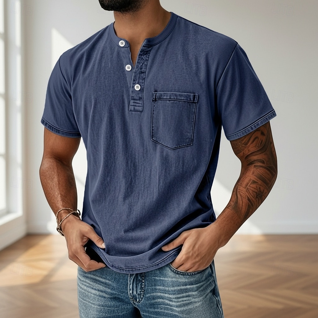Men's Henley Shirt 100% Cotton Acid Wash Shirt T shirt Tee Short Sleeve Solid Retro Vintage Casual Vintage Style Washed Henley Casual Summer Spring Fall Black Pink Light Green Henley T-Shirt 2026 - $31.99 –P8