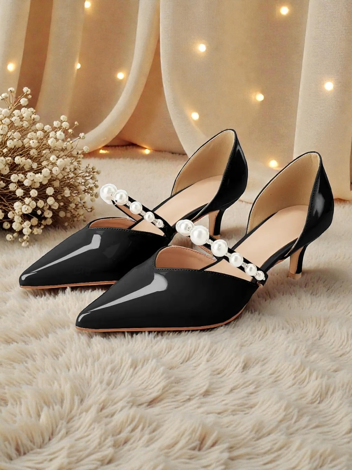 Zapatos de tacón bajo con tiras de perlas para mujer: elegantes zapatos de vestir de charol con punta puntiaguda para la madre de la novia, boda urbana chic. &ceremonia formal 2026 - $54.99 –P7