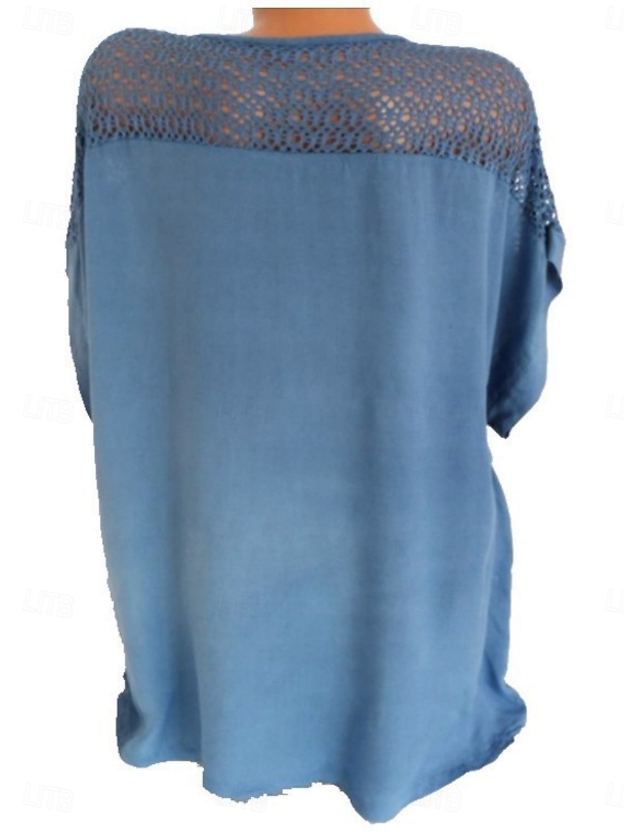 Per donna Maglietta Pizzo Patchwork Semplice Moda Elegante Classico Manica Corta Scollo a V Top Regolari Quotidiano Weekend Blu Nero Bianco Rosso Grigio Estate Primavera del 2026 a $21.99 –P5