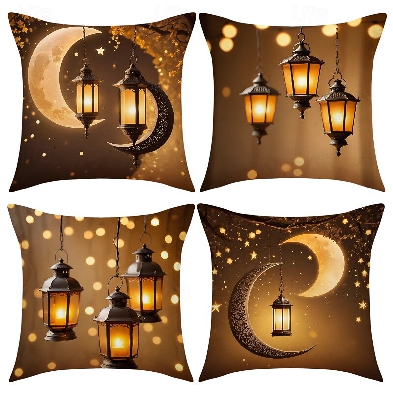Ramadan Eid Throw Pillow Cover, Gold Print Lantern & Oil Lamp, Middle Eastern Festival Decor, Sofa Cushion for Living Room and Prayer Room, Seat Pillow 2026 - $13.99 –P4