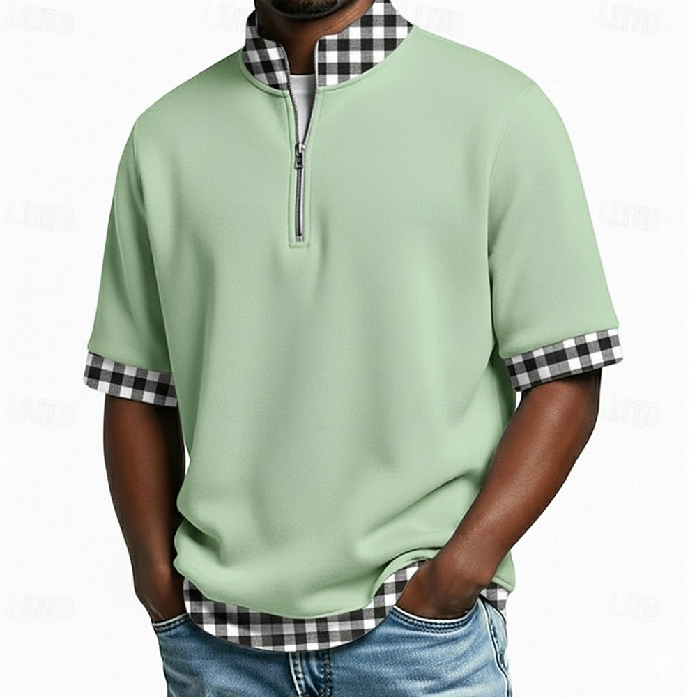 Per uomo Polo Casuale Ferie Colletto Mao Manica Corta Essenziale Moderno Plaid Blocco di colori Bottoni Estate Primavera Blu Blu marino Viola Marrone Verde Polo del 2026 a $24.99 –P2