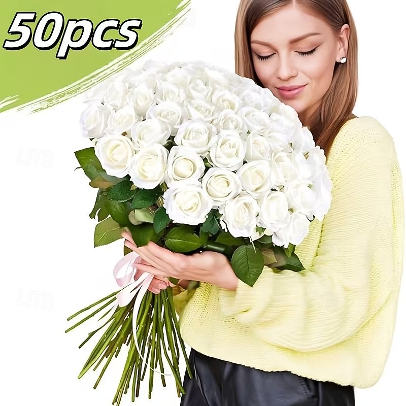 50 bílých růží - realistické umělé květiny, ideální pro výrobu svatebních kytic, svatebních darů a elegantních květinových dekorací. Ideální pro svatby, Valentýny, výročí, vánoční dekorace. 2026 - $25.99 –P1