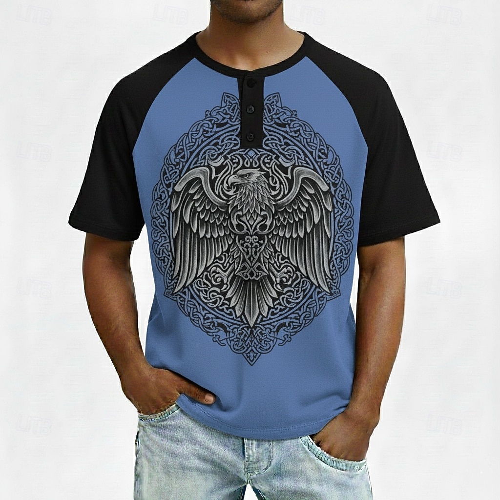 Men's Eagle Viking Henley Shirt Short Sleeve Fashion Designer Vintage Style Daily Outdoor Spring Spring &  Fall All Seasons Dark Blue Dark Green Gray Henley Henley T-Shirt 2026 - $20.99 –P3