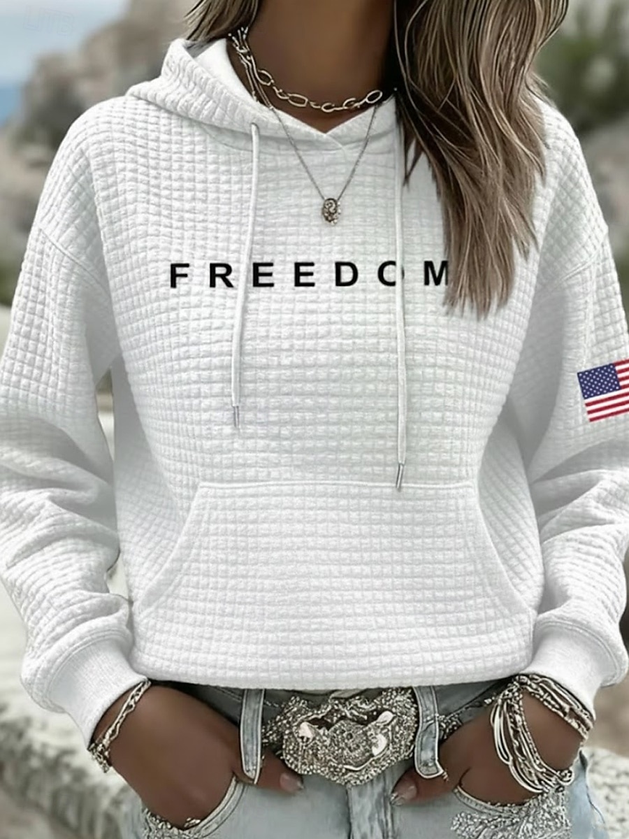 Hanorac pentru femei patriote de Ziua Independenței hanorac cu glugă grafic literă casual cu mânecă lungă ținute obișnuite stradă purtare zilnică cu buzunar imprimare negru alb gri primăvară toamnă 2026 - $24.99 –P1