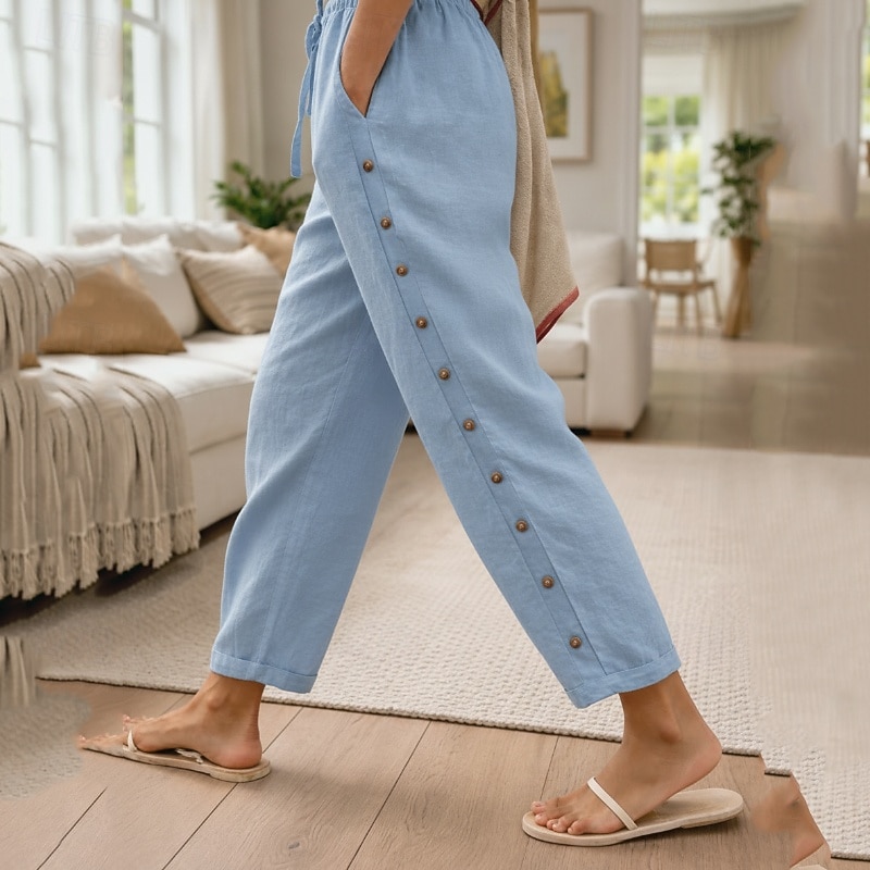 Women's Summer Pants 100% Cotton Pants Trousers Vacation Streetwear Casual Full Length Medium Waist Solid Color Drawstring Pocket Side Button Comfortable Breathable Inelastic Daily Outdoor Street 2026 - $29.99 –P4