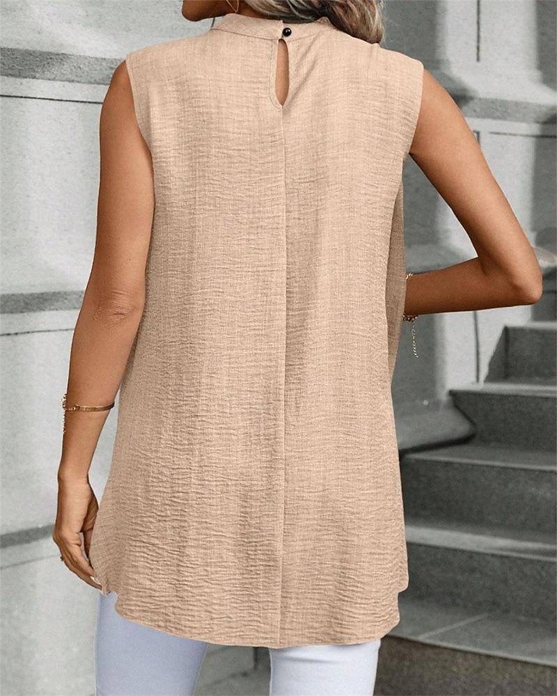 Women's Summer Tops Blouse Dressy Tops Ruched Patchwork Buttons Solid Color Plain Elegant Vintage Daily Sleeveless Crew Neck Regular Tops Daily Work Holiday Blue Black Wine Royal Blue Khaki Summer 2026 - BHD 9.26 –P4