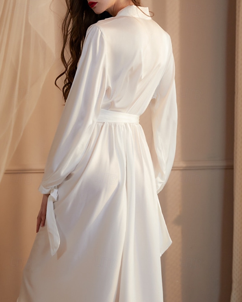 Dámské Župan Na běžné nošení Měkké Satén Čistá barva Nabírané šaty Šněrování Denní Domů Postel Dlouhý rukáv Do V Černá Bílá Šampaňská Světlá růžová Fialová Léto Jaro Běžný 2026 - $54.99 –P3