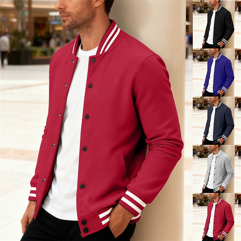 Per uomo Giacca Leggera Giacca Casual Giacca College Casuale Quotidiano Tasca Primavera Autunno A righe Streetwear Elegante Colletto Mao Regolare Nero Rosso Blu marino Blu reale Grigio chiaro Giacca del 2026 a $34.99 –P1