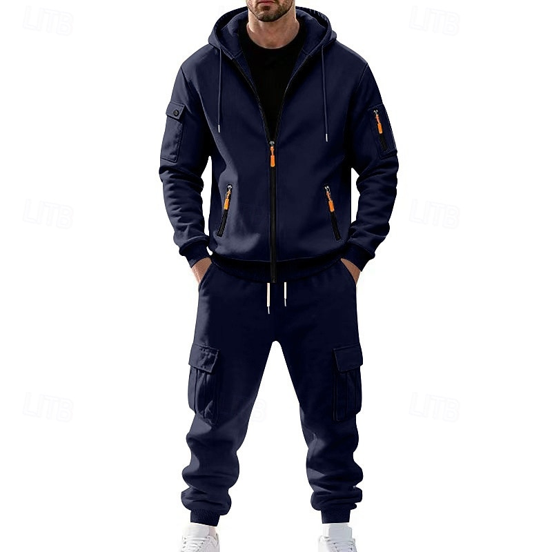 Men's Hoodie Tracksuit Hoodie & Pants Set Hoodie Daily Outdoor Vacation Daily Wear Drawstring Zip Up Plain Black Navy Blue Khaki Activewear Sports Fashion Fall 2026 - $54.99 –P20