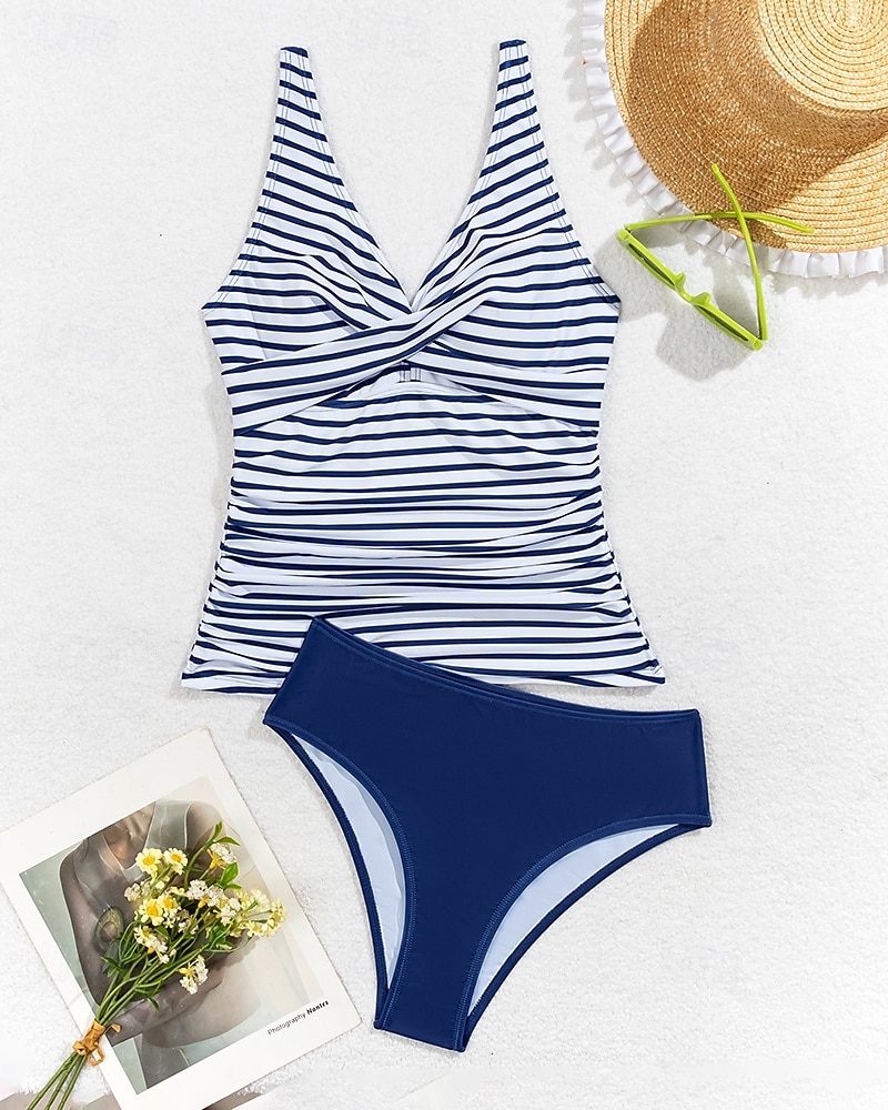 نسائي حماية ضد التحسس ملابس سباحة من قطعتين ملابس السباحة مخطط ملابس السباحة أزرق عامل حماية من الأشعة فوق البنفسجية 50+ بدون كم - تزلج على الماء شاطئ سباحة الصيف 2026 - $22.99 –P4