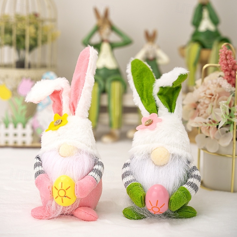 Set van 2 paasdecoraties: roze oortjes, geruite konijntjes, kabouters en elfjes, poppetjes voor Pasen, huisdecoratie, lentedecoratie, schattige beeldjes voor in de woonkamer. 2026 - $12.99 –P1
