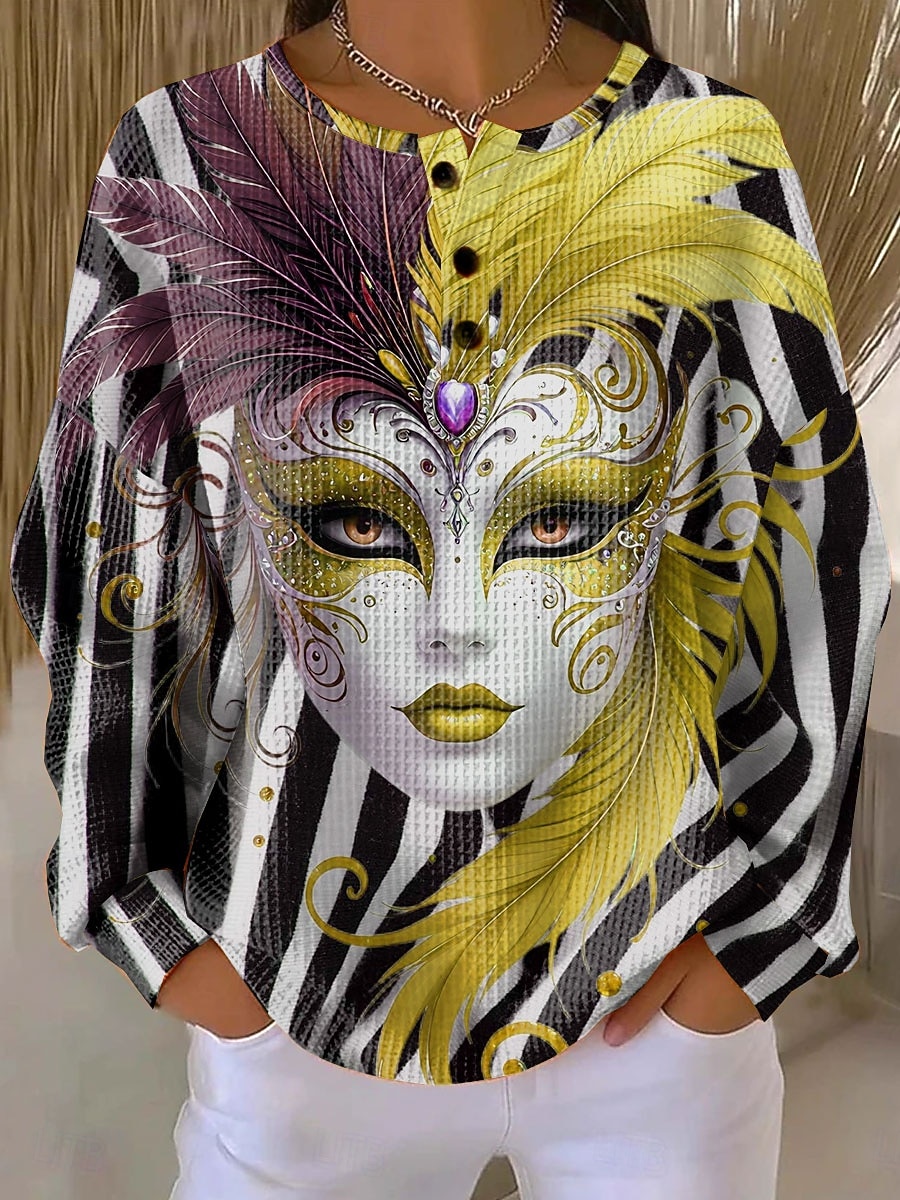 Carnival Women's Pullover Sweatshirt Graphic Striped Abstract Warm Classic Casual Long Sleeve Crew Neck Regular Tops Casual Street Dailywear Buttons Print Blue Yellow Pink Purple Green Spring 2026 - $28.99 –P2