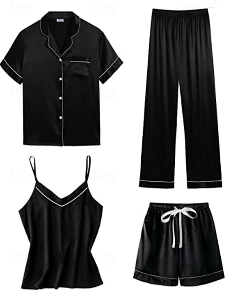 Dames Pyjama Loungewear Pyjamaset Warm Modieus Casual Heldere kleur Elastische taille Pantalon Korte broek Huis Vakantie Straat Lange mouw Overhemdkraag Zwart Wit Blozend Roze Marine Blauw Herfst 2026 - $32.99 –P1