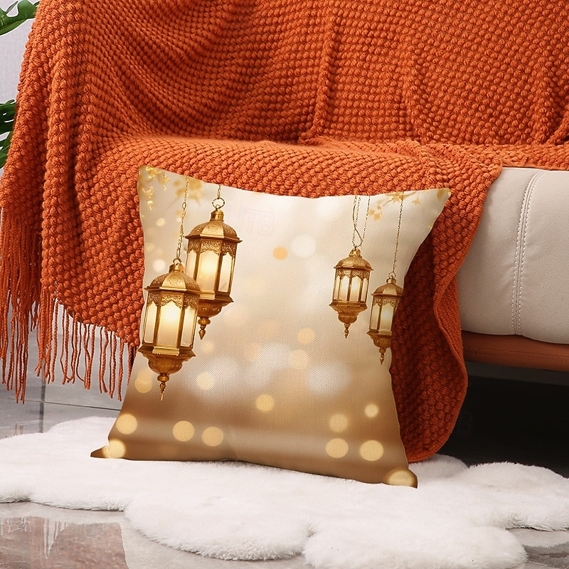 Ramadan Eid Throw Pillow Cover, Gold Crescent Moon & Oil Lamp Print, Ethnic Festival Decor, Sofa Cushion for Living Room and Prayer Room, Holiday Accent Pillow 2026 - $13.99 –P7
