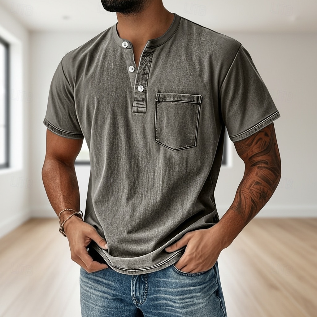 Men's Henley Shirt 100% Cotton Acid Wash Shirt T shirt Tee Short Sleeve Solid Retro Vintage Casual Vintage Style Washed Henley Casual Summer Spring Fall Black Pink Light Green Henley T-Shirt 2026 - $31.99 –P10