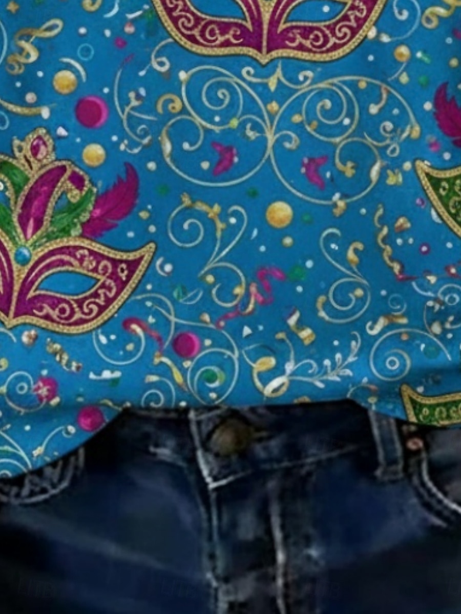 Karnival Damen T Shirt Druck Grafik Vintage Lässig Kurzarm V Ausschnitt Normale Oberteile Täglich Wochenende Urlaubskleidung Blau Sommer Frühling 2026 - $19.49 –P3