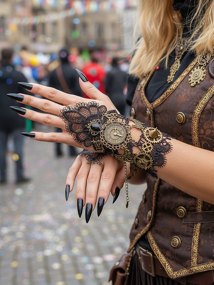 Damenschuhe Mardi Gras Steampunk viktorianische Spitzen-Handschuhe ohne Finger - Legierungs-Uhren- und Zahnräder-Zubehör für Karneval  Halloween-Kostüm 2026 - $14.99 –P1