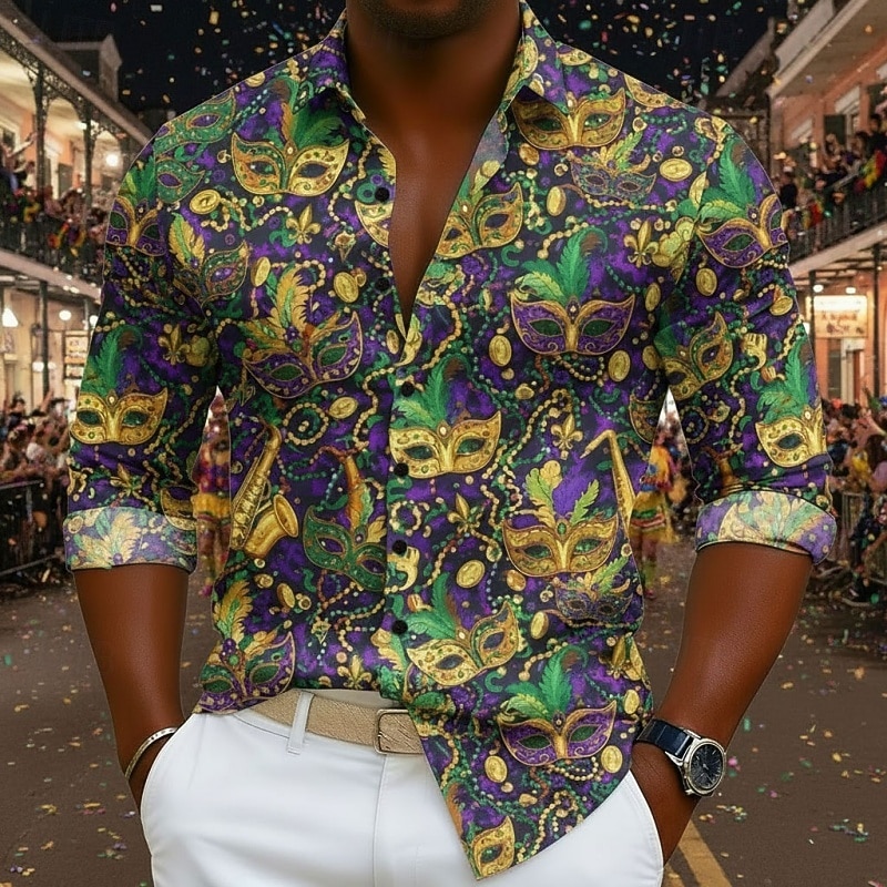 קרנבל בגדי ריקוד גברים גראפי מסכה עם נוצות חולצה חולצה עם כפתורים חולצת חוף שרוול ארוך הוואי יום יומי נוח חופשה חגים מארדי גרא קיץ אביב צווארון מתקפל מדפיס סגול 2026 - $27.99 –P1