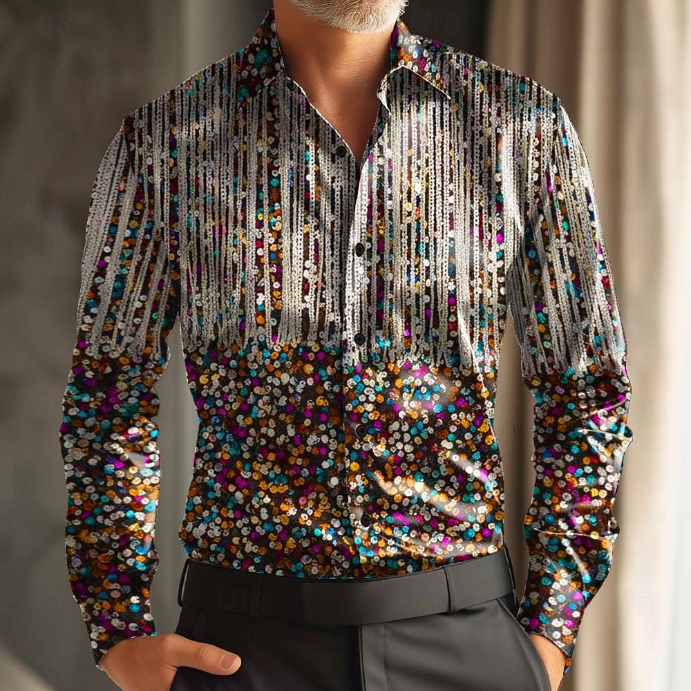 Mardi Gras Pánské Barevná Karneval Maska s peřím Košile Saténová košile Košile k obleku Dlouhý rukáv Móda pro volný čas Párty Dovolená Léto Jaro Přehnutý 3D tisk Košile na knoflíky Černá Fialov 2026 - $29.99 –P1