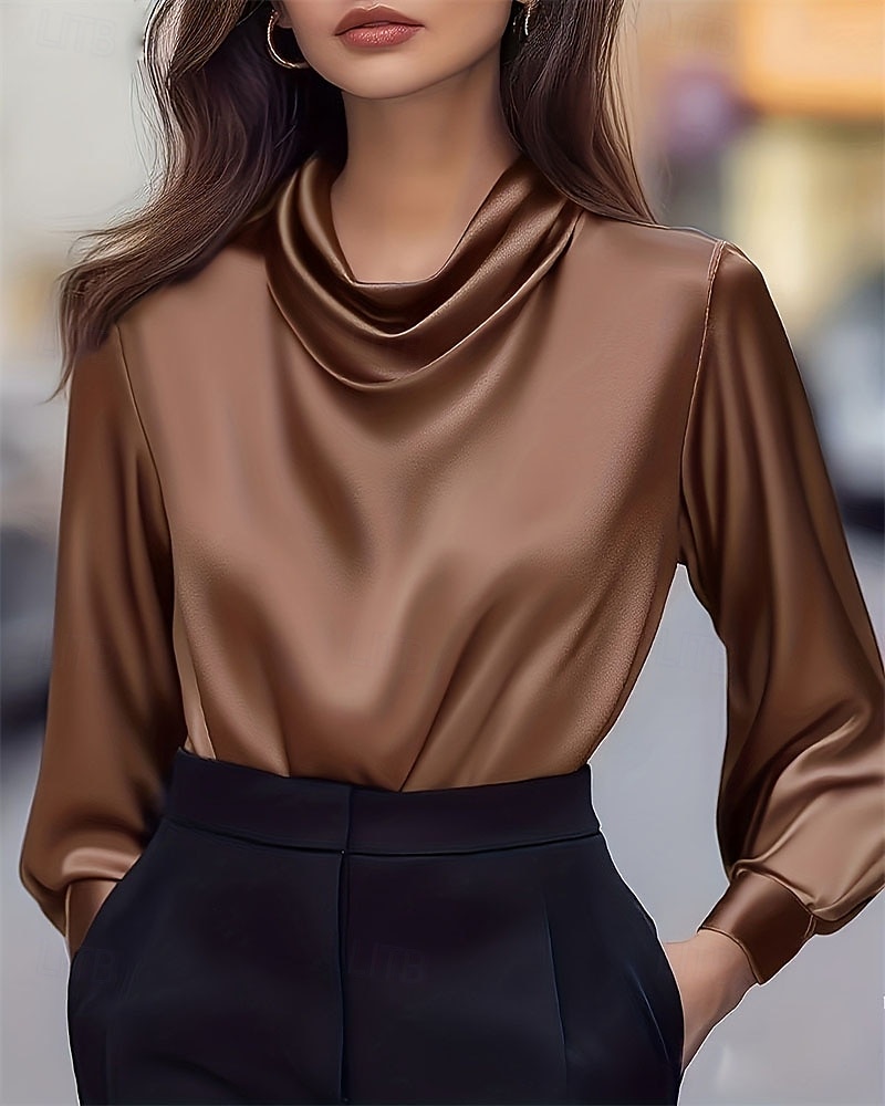 Per donna Camicia Elegant Top in raso Blusa Arricciato Patchwork Drappeggiato Tinta unica Semplice Elegante Vintage Signore Manica Lunga Scollo a Cascata Top Regolari Quotidiano Lavoro Ferie Marrone del 2026 a $26.99 –P1