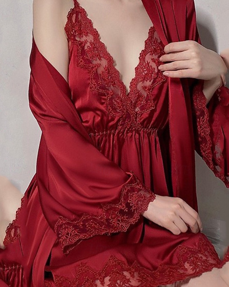 Femmes Robe Chemise de Nuit Ensemble Pyjama Occasionnel Doux Satin Couleur Unie Dentelle Robes Quotidien Maison Lit manche longue Bretelles Noir Blanche Rose Claire Vin Marron Été Coupe régulière de 2026 ? $24.99 –P7