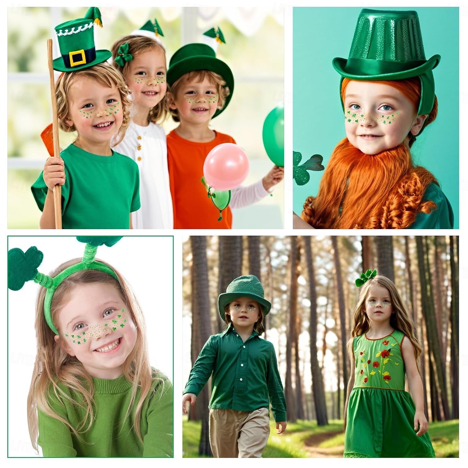 Confezione da 6 adesivi per tatuaggi glitterati con lentiggini e foglie verdi irlandesi (stile femminile), trucco per il viso con glitter verdi, adesivi per tatuaggi per il viso di San Patrizio del 2026 a $6.99 –P3