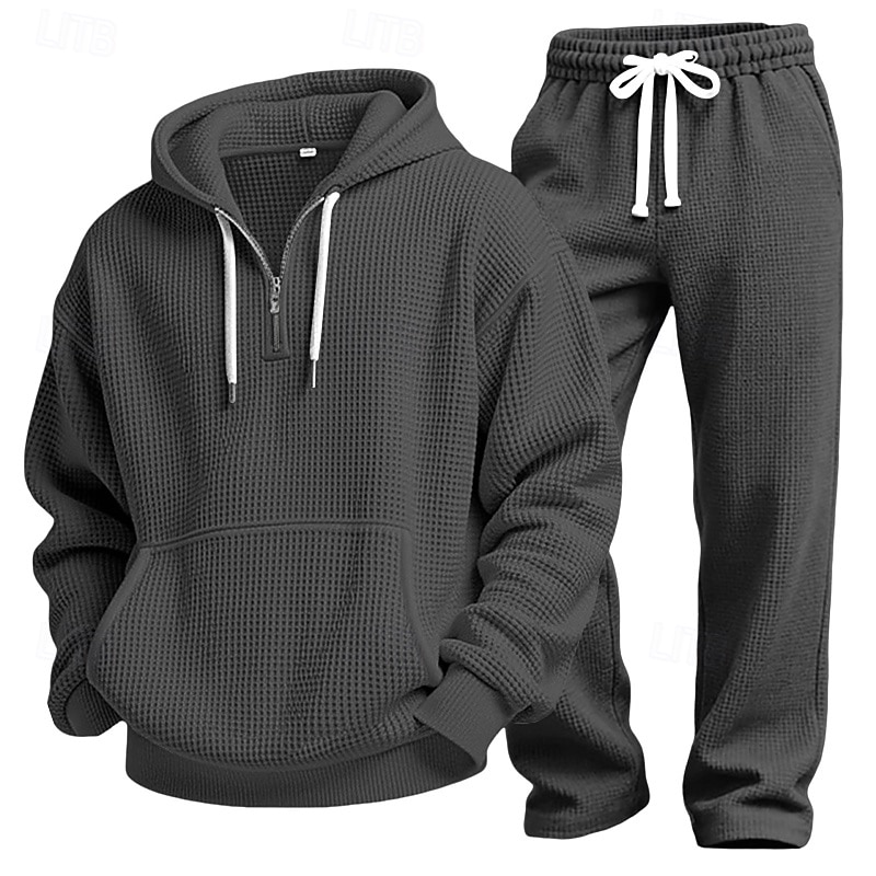 Homens Moletom Moletons Waffle Moletom com capuz e calças Conjunto Capuz Diário Ao ar livre Férias Roupa Diária Com Cordão Half Zip Tecido Vermelho Vinho Preto Branco Roupas Esportivas Esportes Moda de 2026 por $60.99 –P9