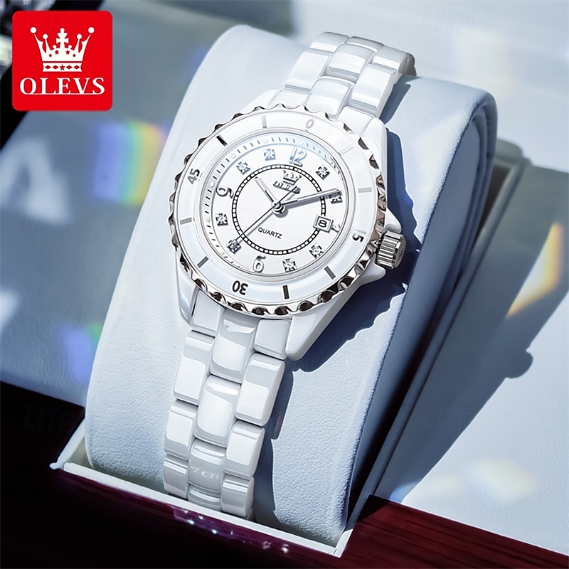 2026年 新しいOlevsの母の日ギフトは、ルミナス針とデジタル表示のホワイトセラミック 韓国版学生用クオーツ時計カジュアル防水腕時計のファッショナブルで高級な時計です  コレクション – $61.99 –P3